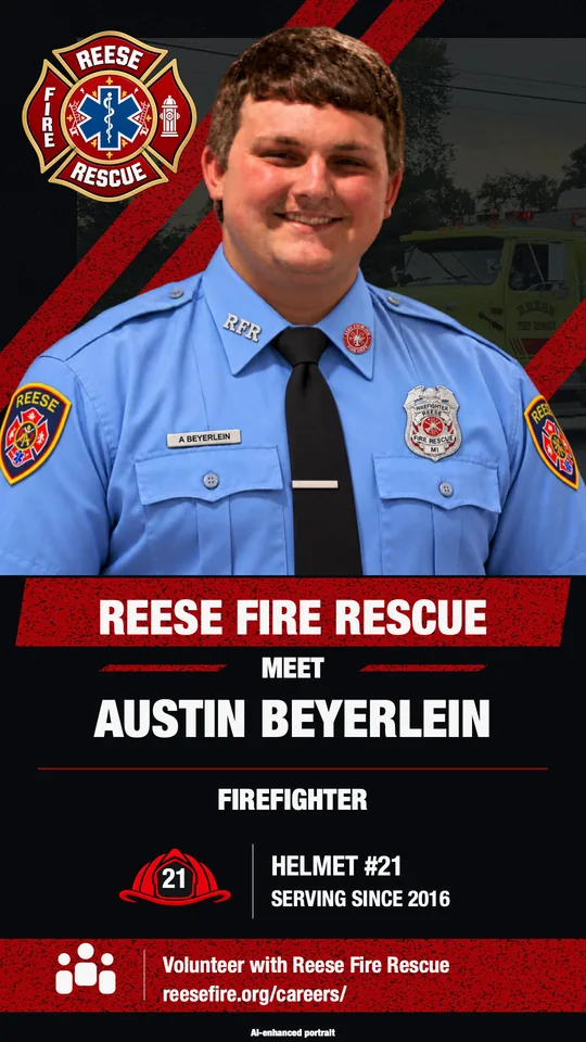 Austin Beyerlein, Firefighter, helmet #21, serving since 2016